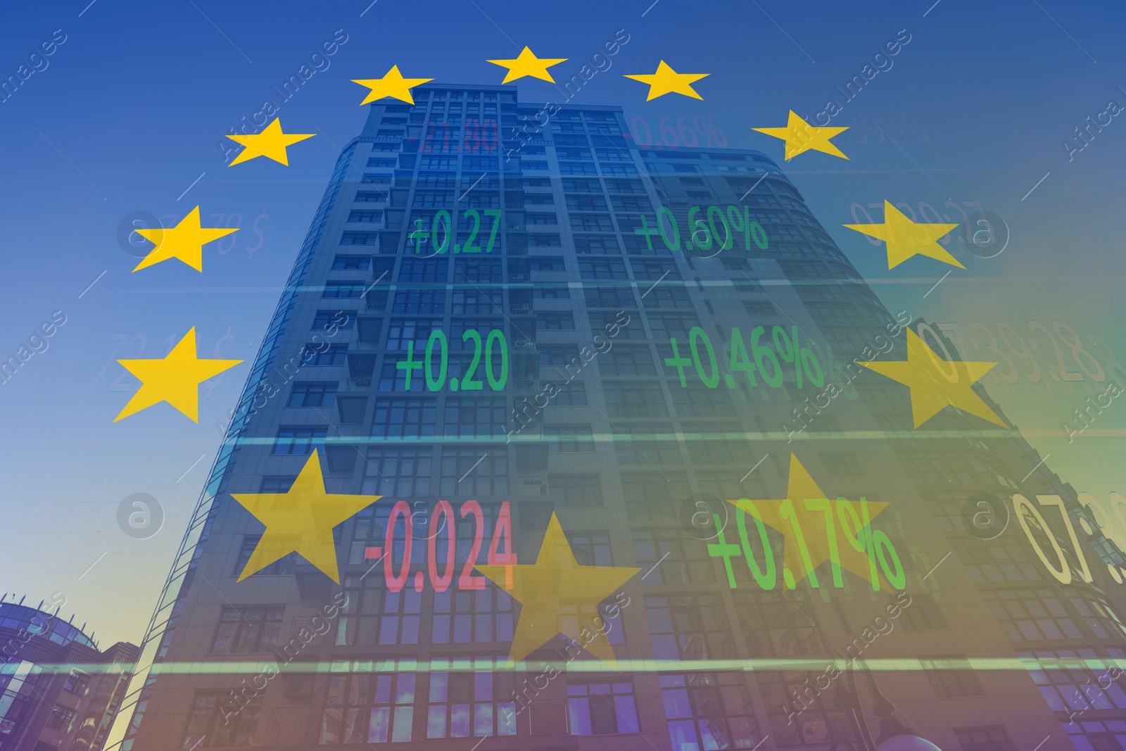 Image of Stock exchange. Multiple exposure with European flag, building and trading data