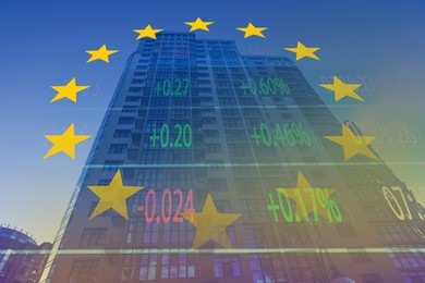 Stock exchange. Multiple exposure with European flag, building and trading data