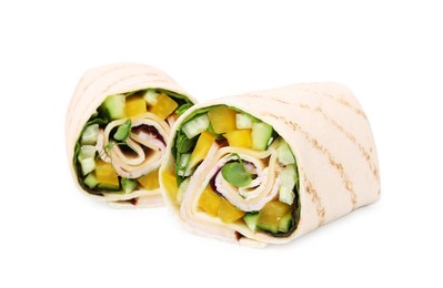 Delicious sandwich wraps with fresh vegetables isolated on white