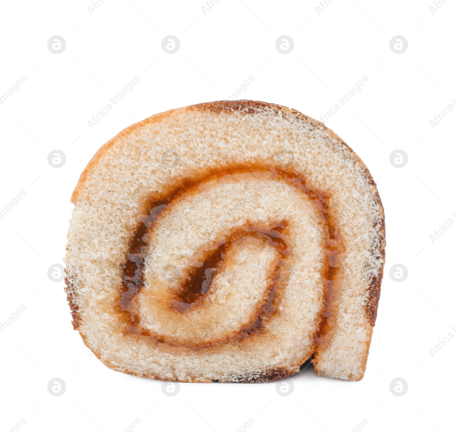 Photo of Tasty cake roll with jam isolated on white