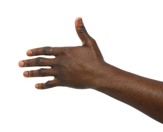 African-American man extending hand for shake on white background, closeup