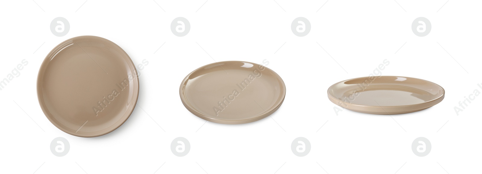 Image of Empty ceramic plate isolated on white, set with different views