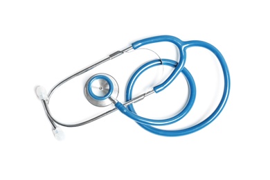 Stethoscope on light background, top view. Medical equipment