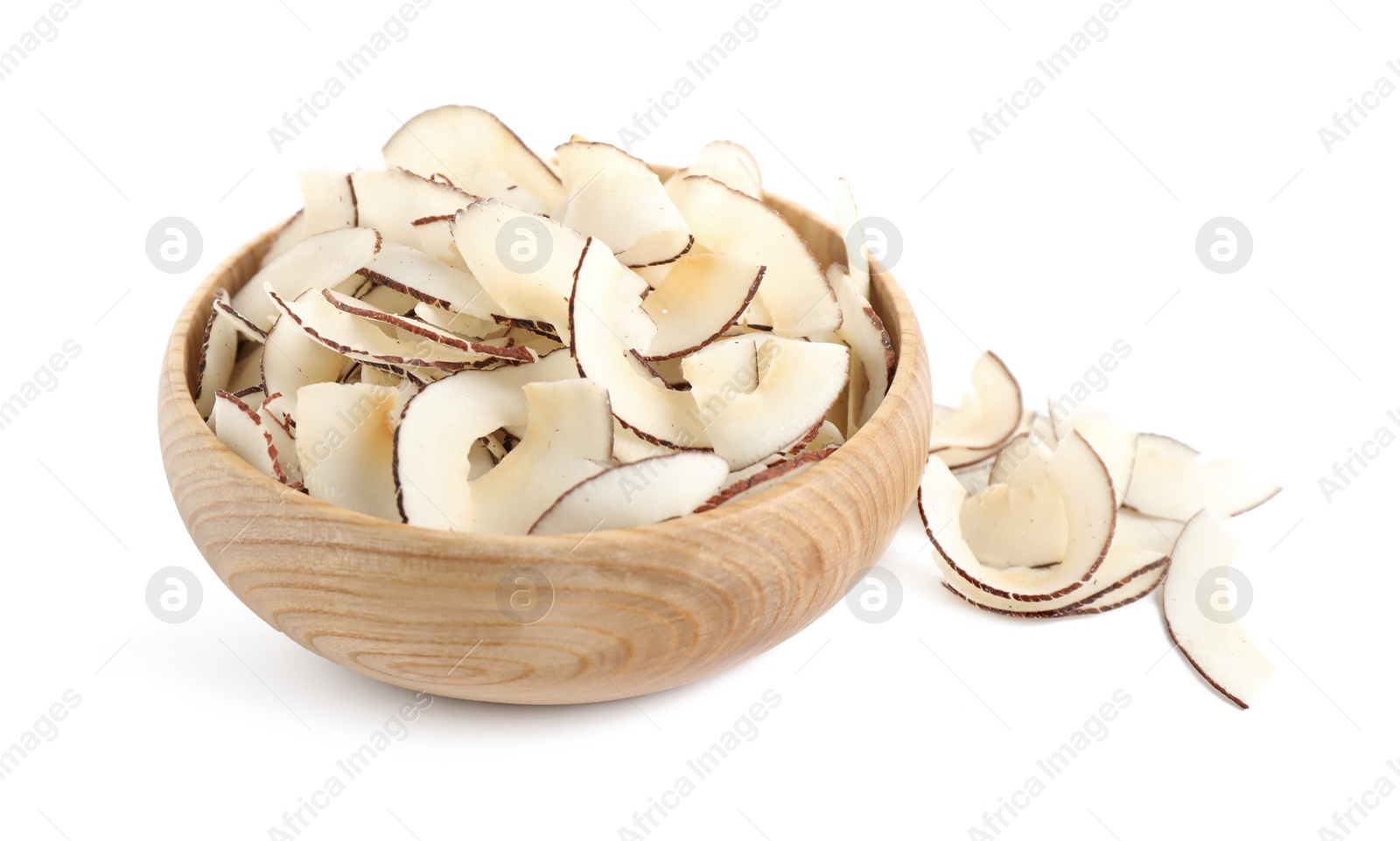 Photo of Tasty coconut chips in wooden bowl isolated on white