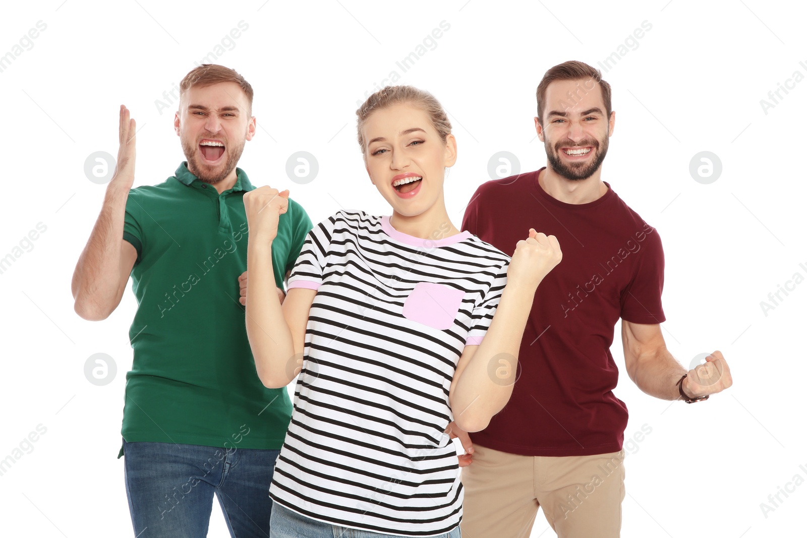 Photo of Young people celebrating victory on white background