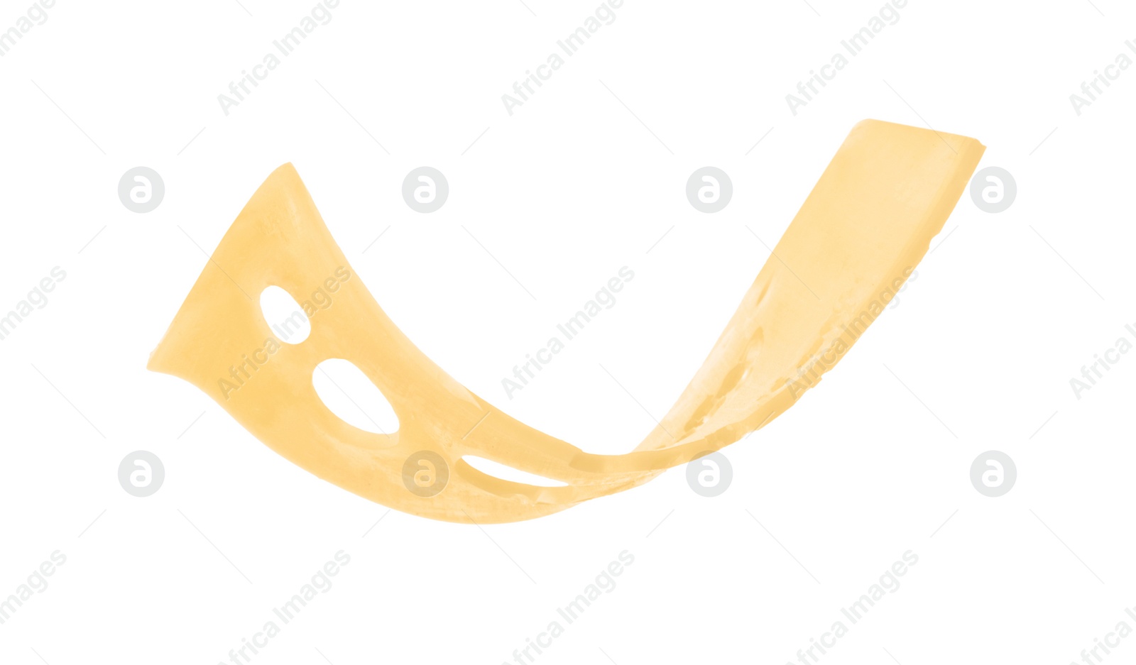 Photo of Slice of tasty cheese on white background