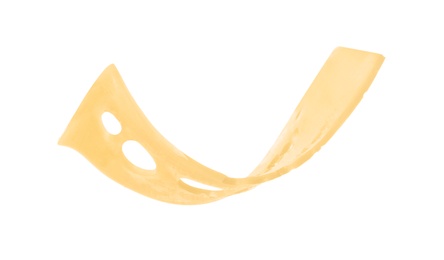 Photo of Slice of tasty cheese on white background