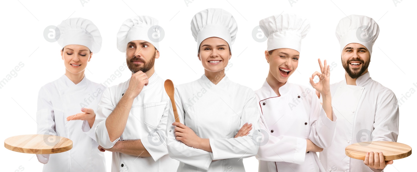 Image of Chefs in uniforms on white background, set with photos