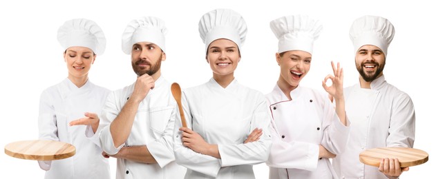 Chefs in uniforms on white background, set with photos