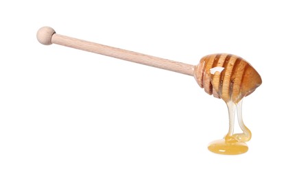 Photo of Natural honey dripping from dipper on white background