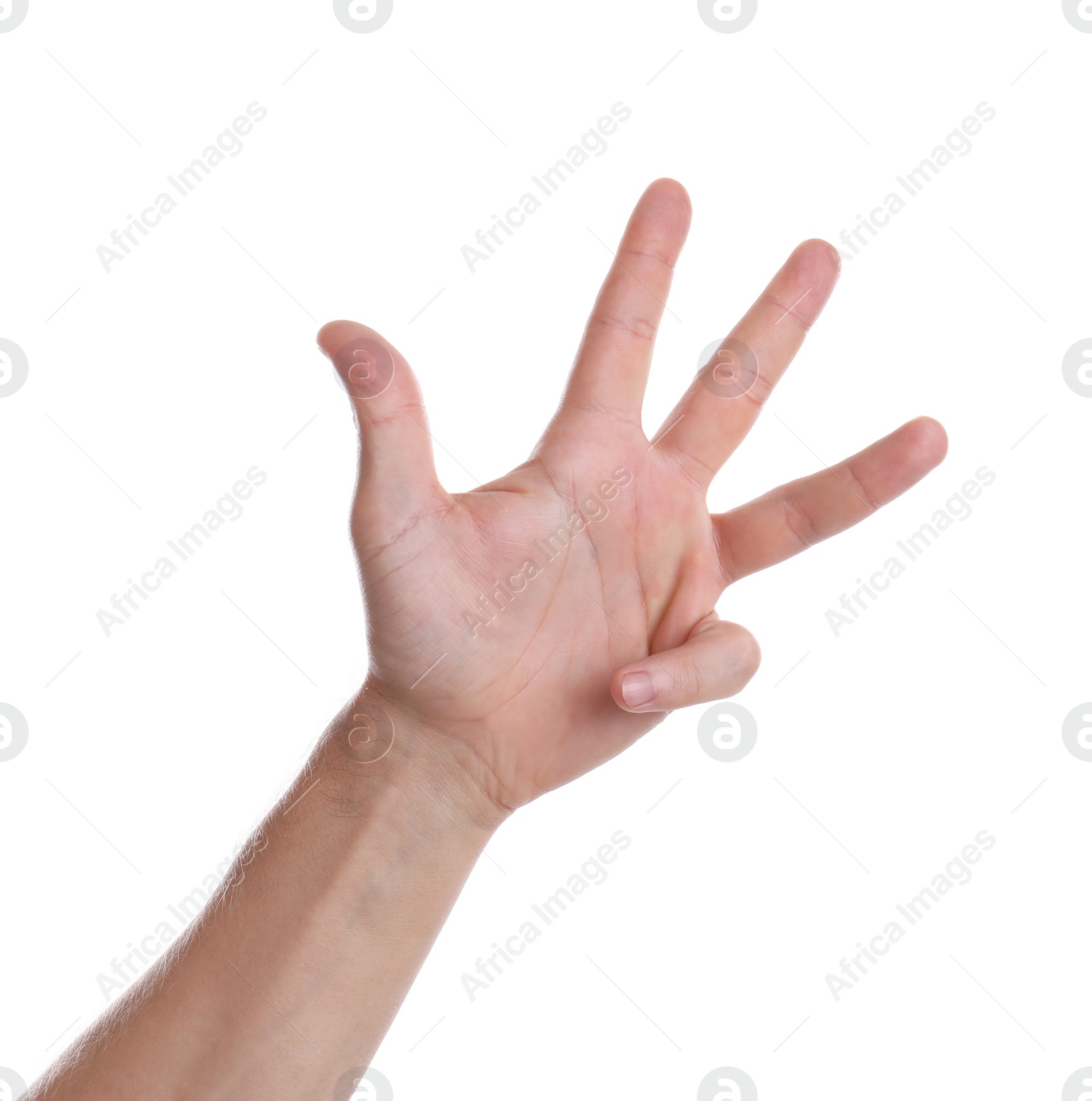 Photo of Man showing hand on white background, closeup