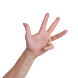 Photo of Man showing hand on white background, closeup