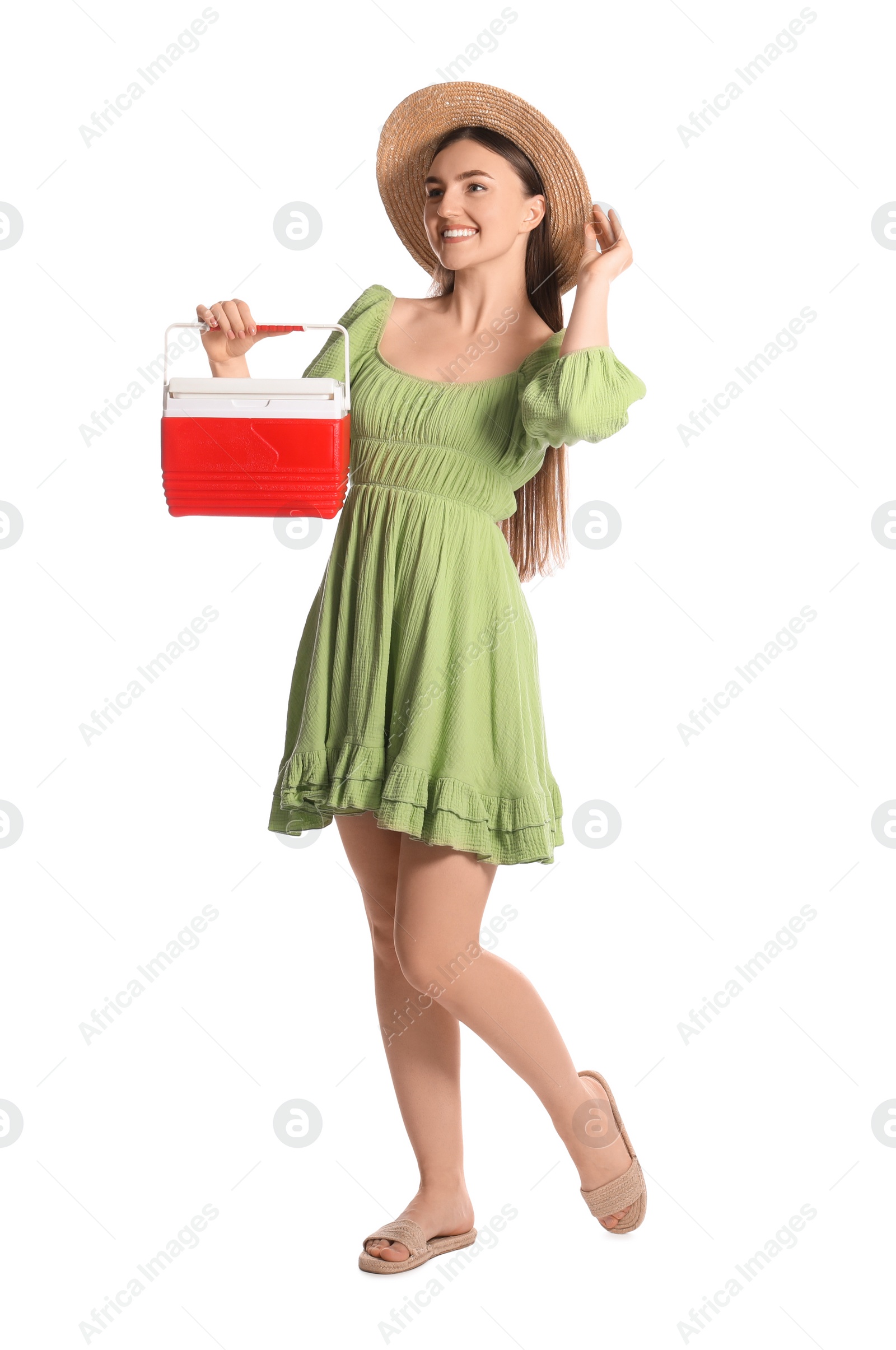 Photo of Happy young woman with plastic cool box isolated on white