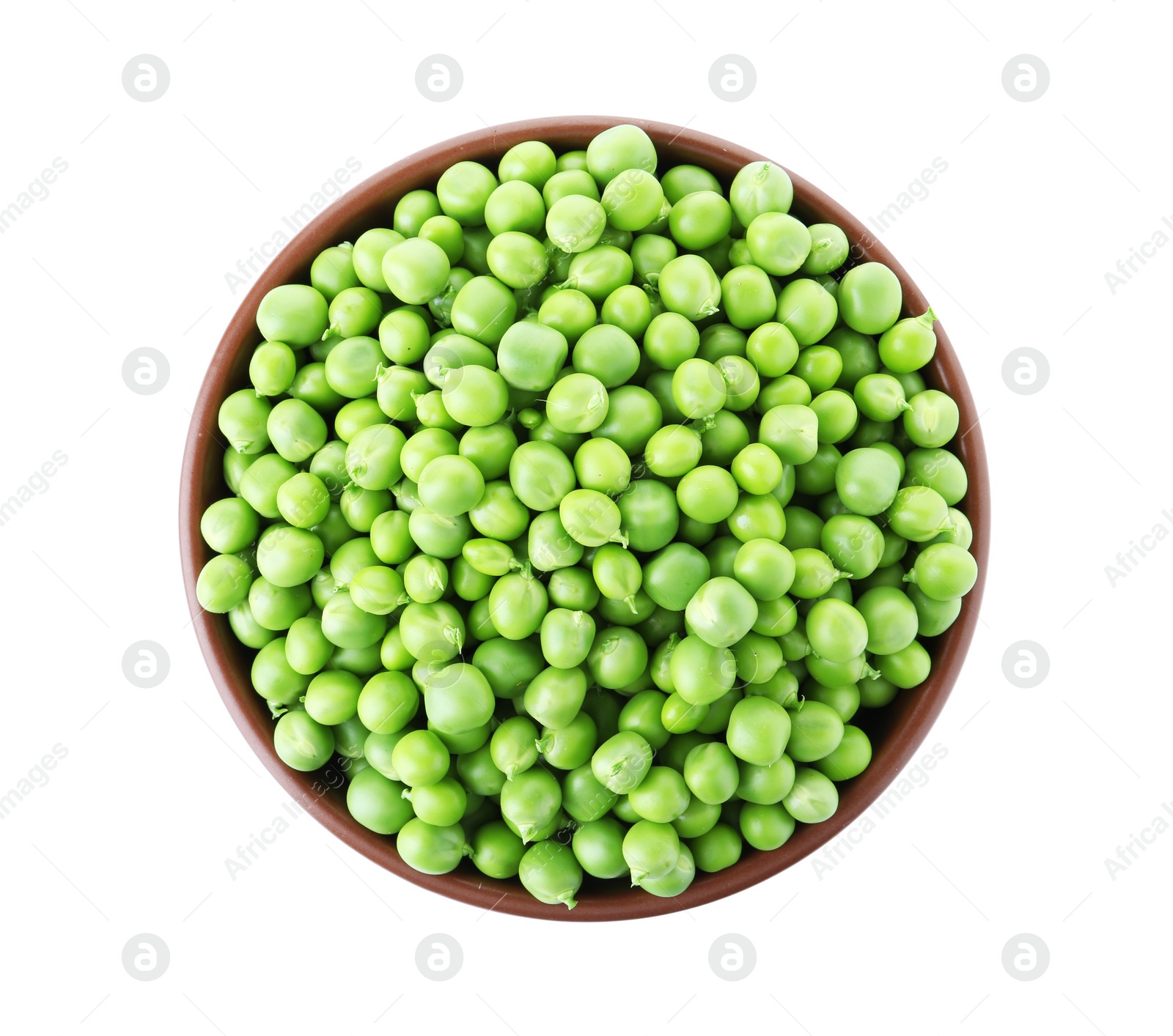 Photo of Bowl with green peas on white background, top view