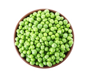 Photo of Bowl with green peas on white background, top view