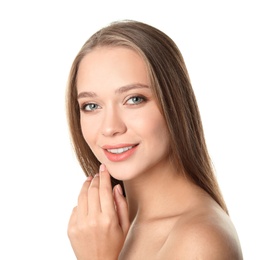 Photo of Portrait of beautiful young woman with natural makeup on white background