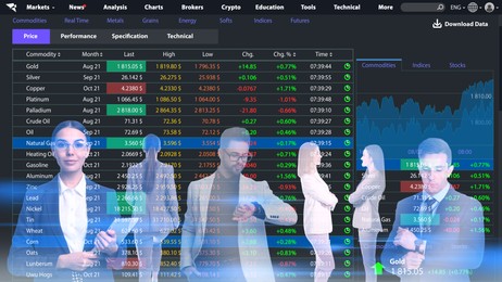 Double exposure of businesspeople and online web terminal with information. Stock exchange 