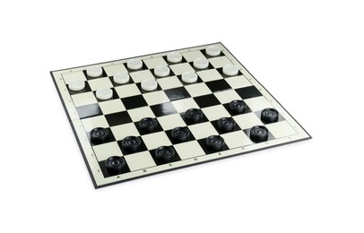 Photo of Checkerboard with game pieces isolated on white