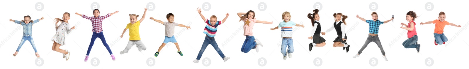 Image of Collage of emotional children jumping on white background. Banner design