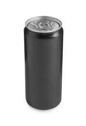 Photo of Energy drink in black aluminum can isolated on white