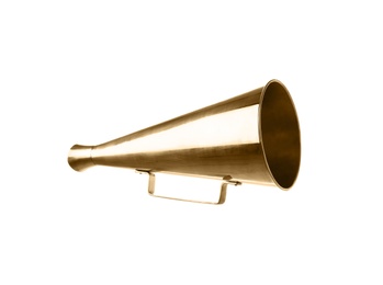 Photo of Retro golden metal megaphone on white background