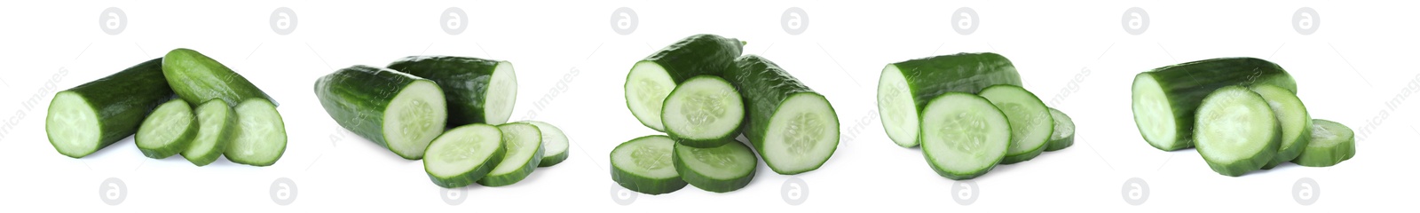 Set with cut ripe cucumbers on white background. Banner design Image of Set with cut ripe cucumbers on white background. Banner design