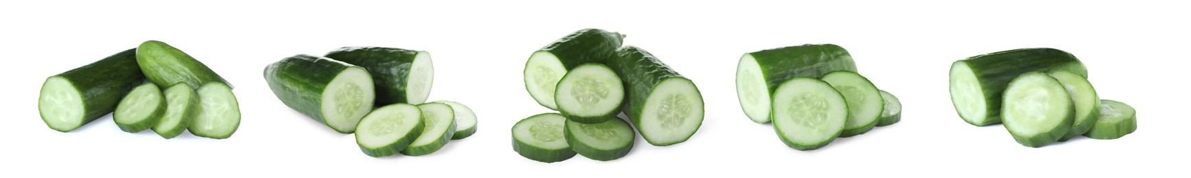 Image of Set with cut ripe cucumbers on white background. Banner design