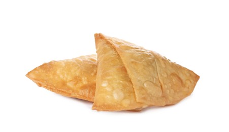 Photo of Fresh delicious crispy samosas on white background