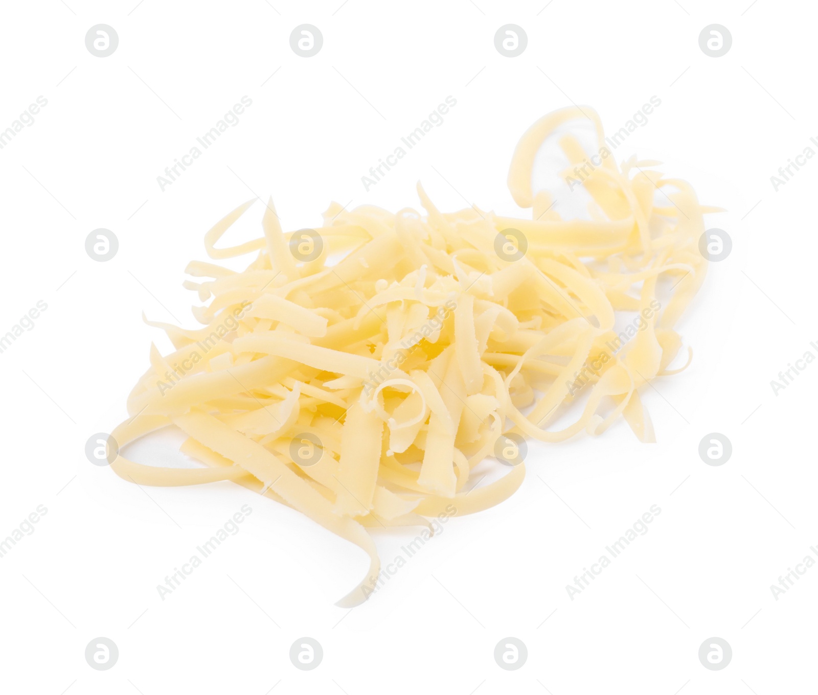 Photo of Pile of tasty grated cheese isolated on white