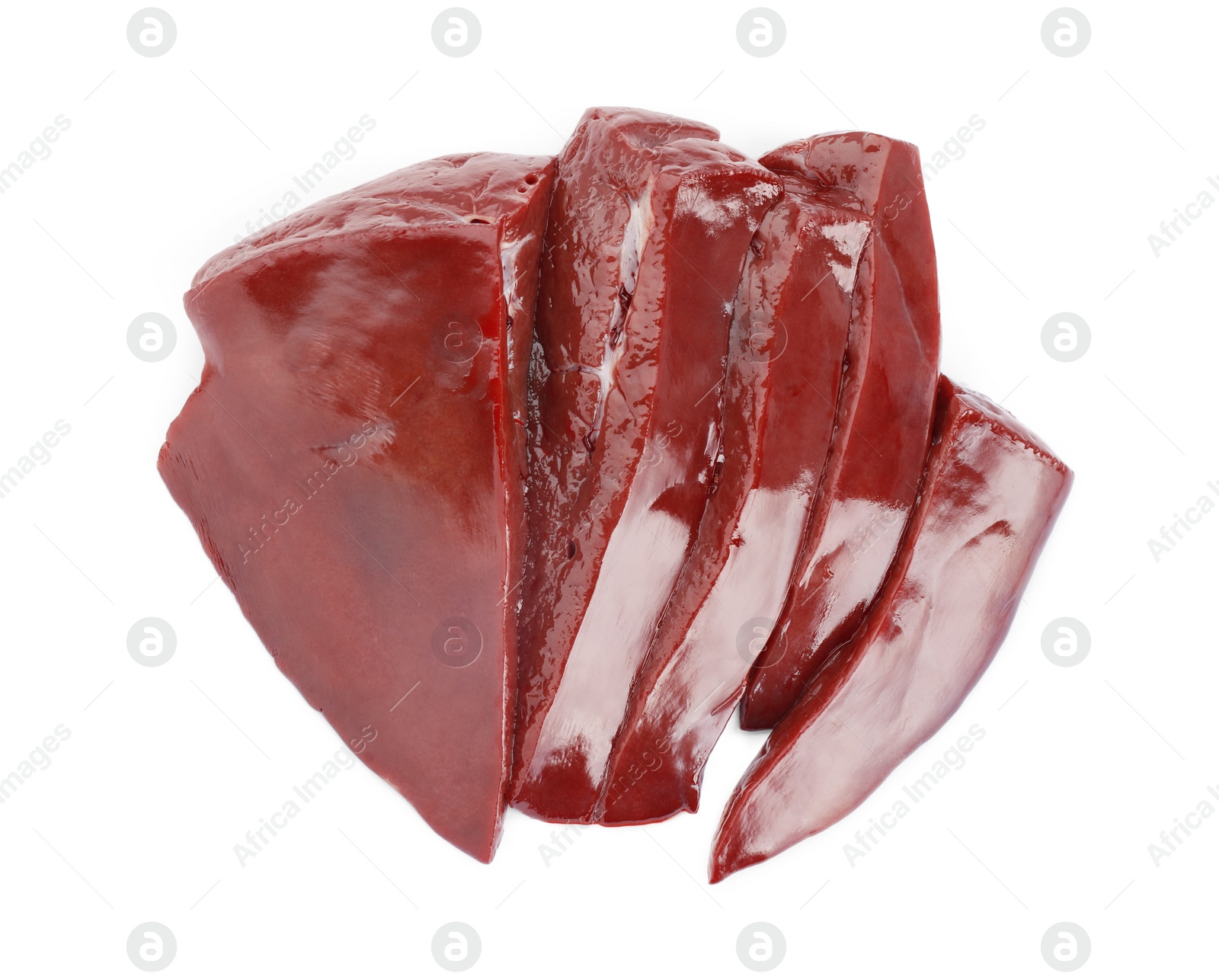 Photo of Cut raw beef liver isolated on white, top view