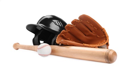 Photo of Baseball bat, ball, batting helmet and glove isolated on white