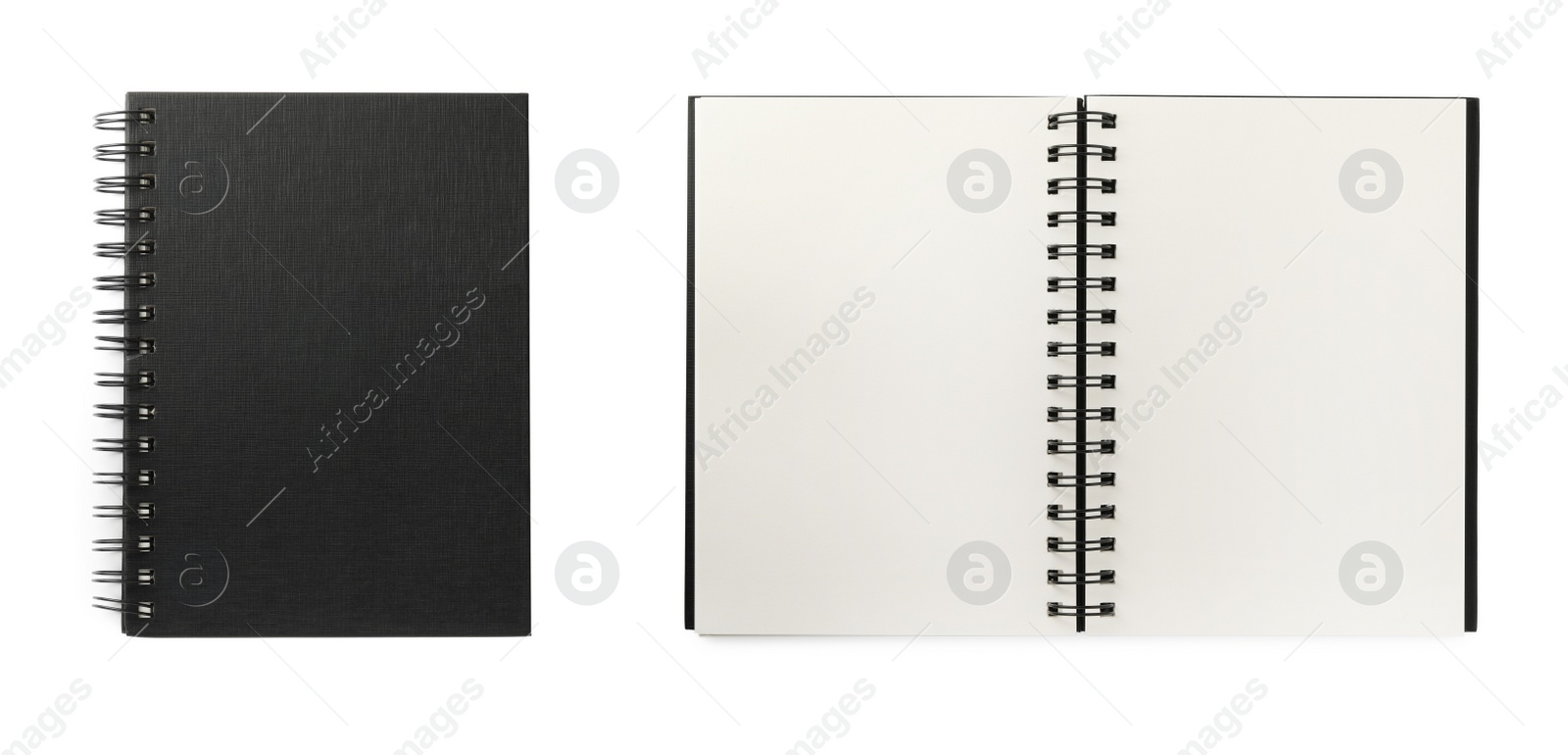 Image of Open and closed notebooks on white background, top view. Banner design