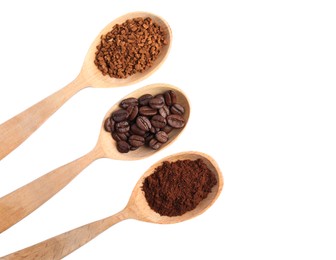 Wooden spoons of beans, instant and ground coffee on white background, top view