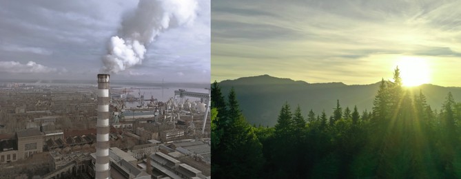 Image of Environmental pollution, banner design. Collage divided into mountain landscape and aerial view on industrial factory with emissions
