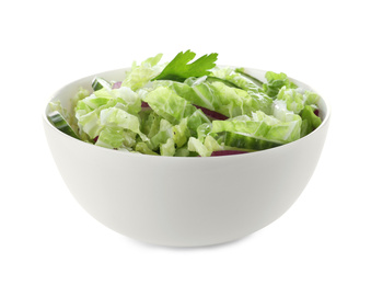 Photo of Tasty salad with cabbage and cucumbers isolated on white