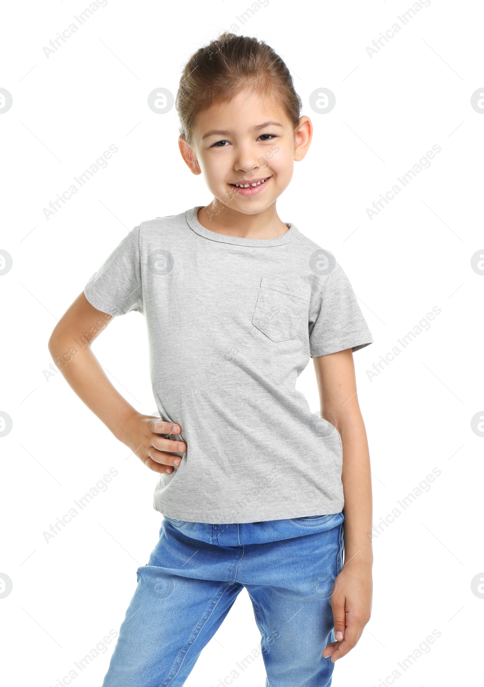 Photo of Little girl in t-shirt on white background. Mockup for design