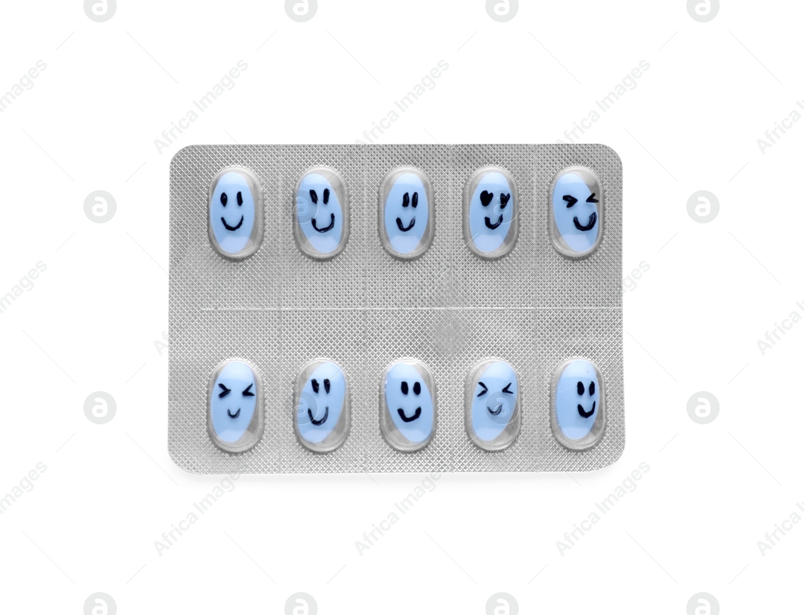 Photo of Blister of antidepressant pills with emotional faces on white background, top view