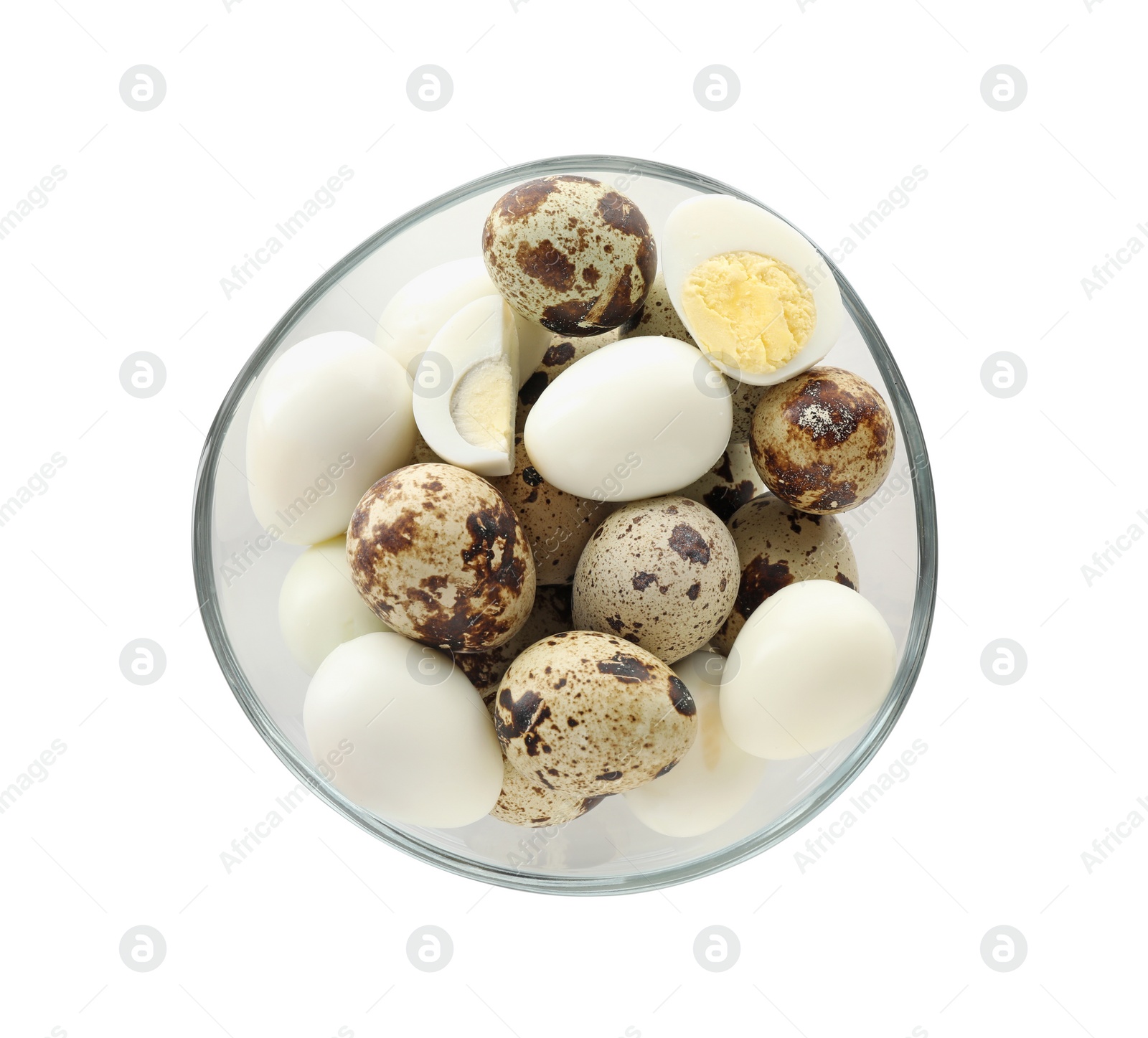 Photo of Unpeeled and peeled hard boiled quail eggs in bowl on white background, top view