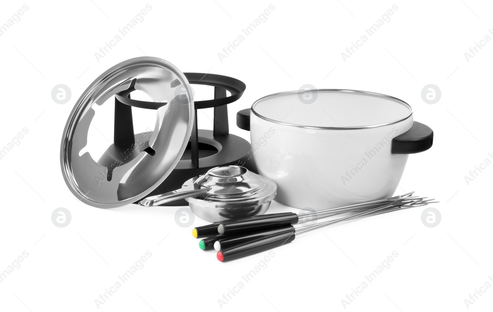 Photo of Fondue set isolated on white. Kitchen equipment