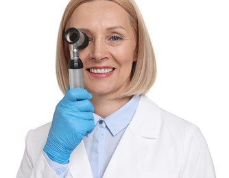 Happy dermatologist using dermatoscope on white background