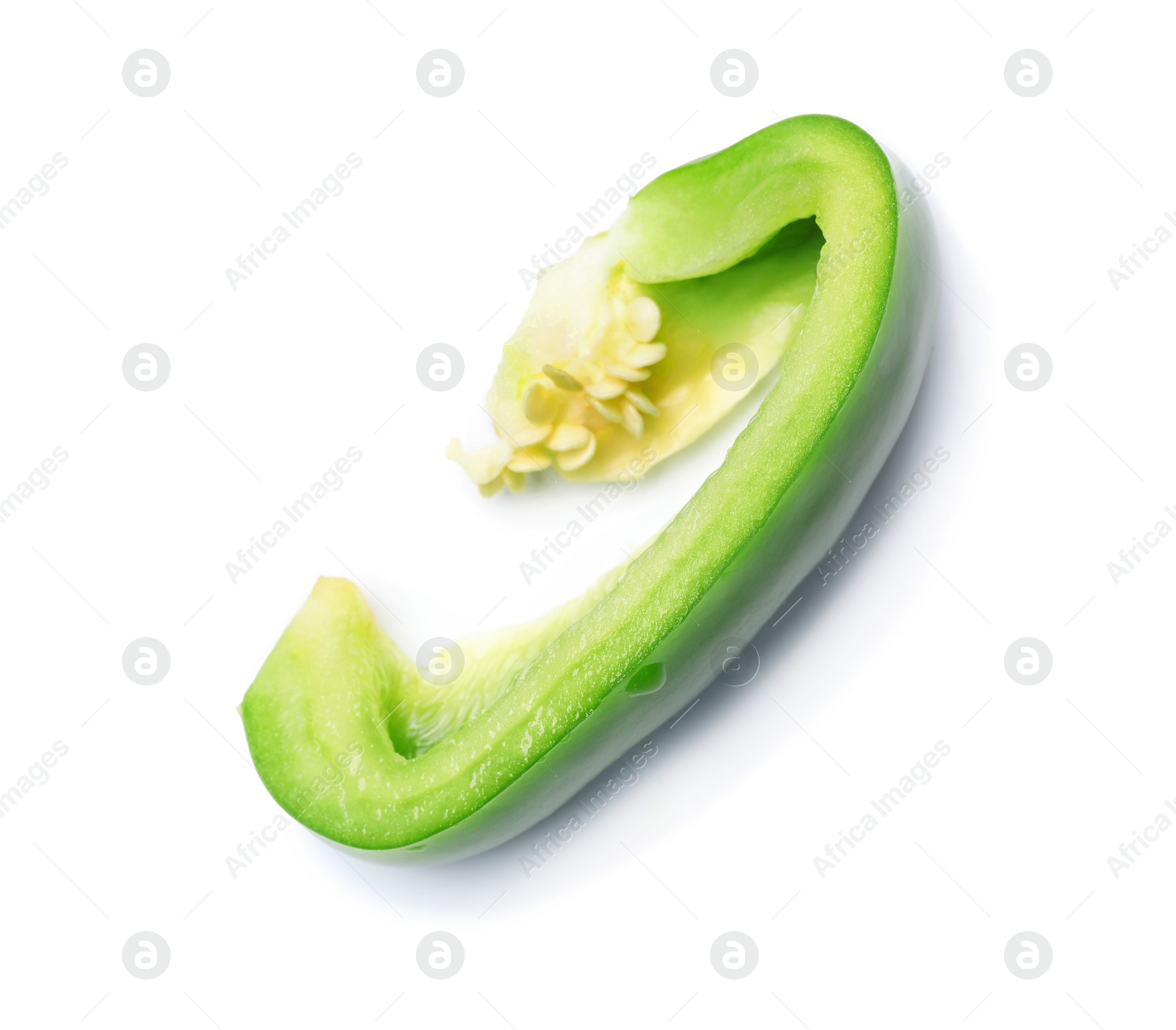 Photo of Slice of fresh green bell pepper on white background, top view