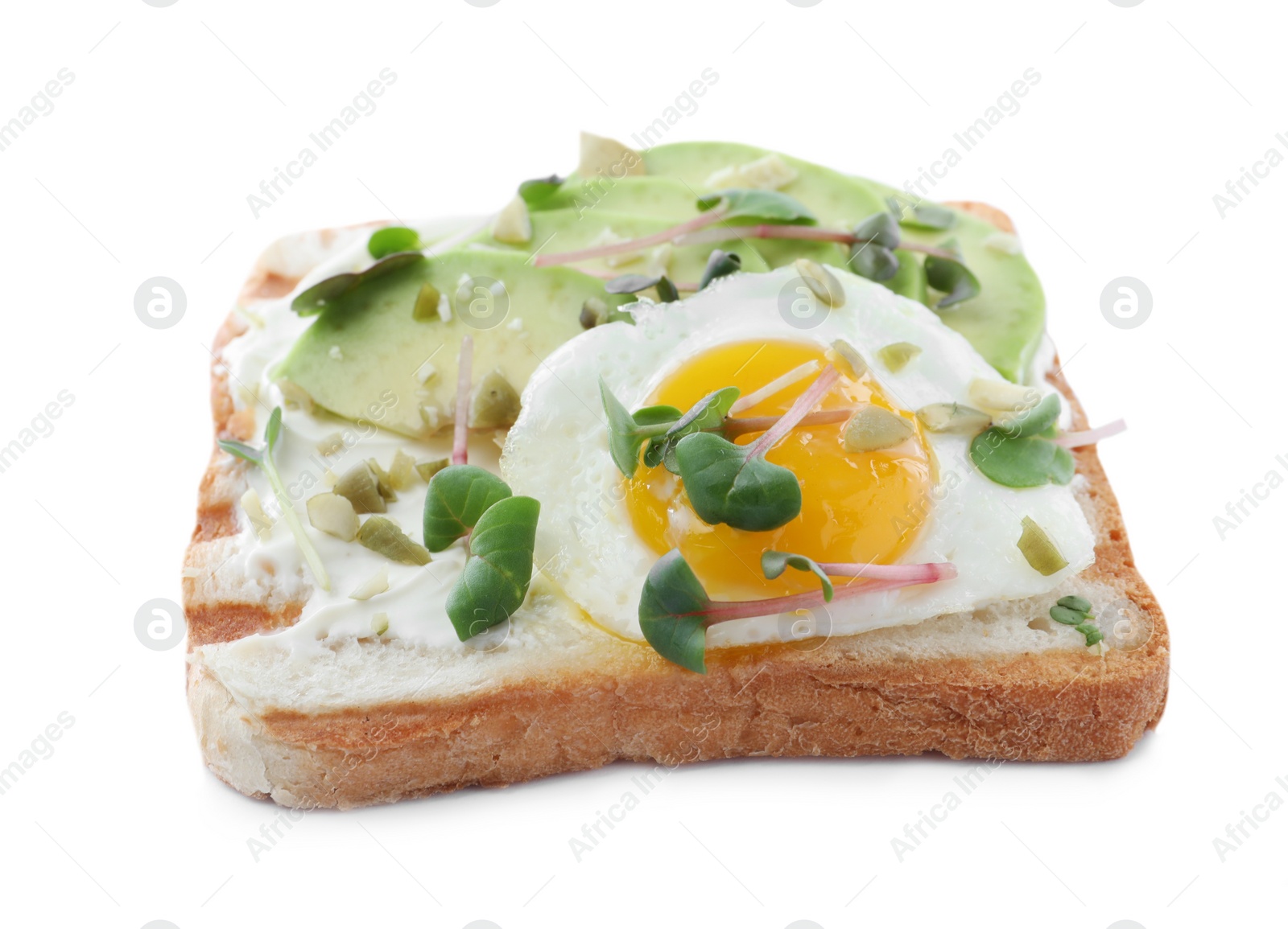 Photo of Delicious sandwich with avocado, egg, cream cheese and microgreens isolated on white