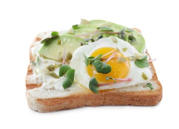 Delicious sandwich with avocado, egg, cream cheese and microgreens isolated on white