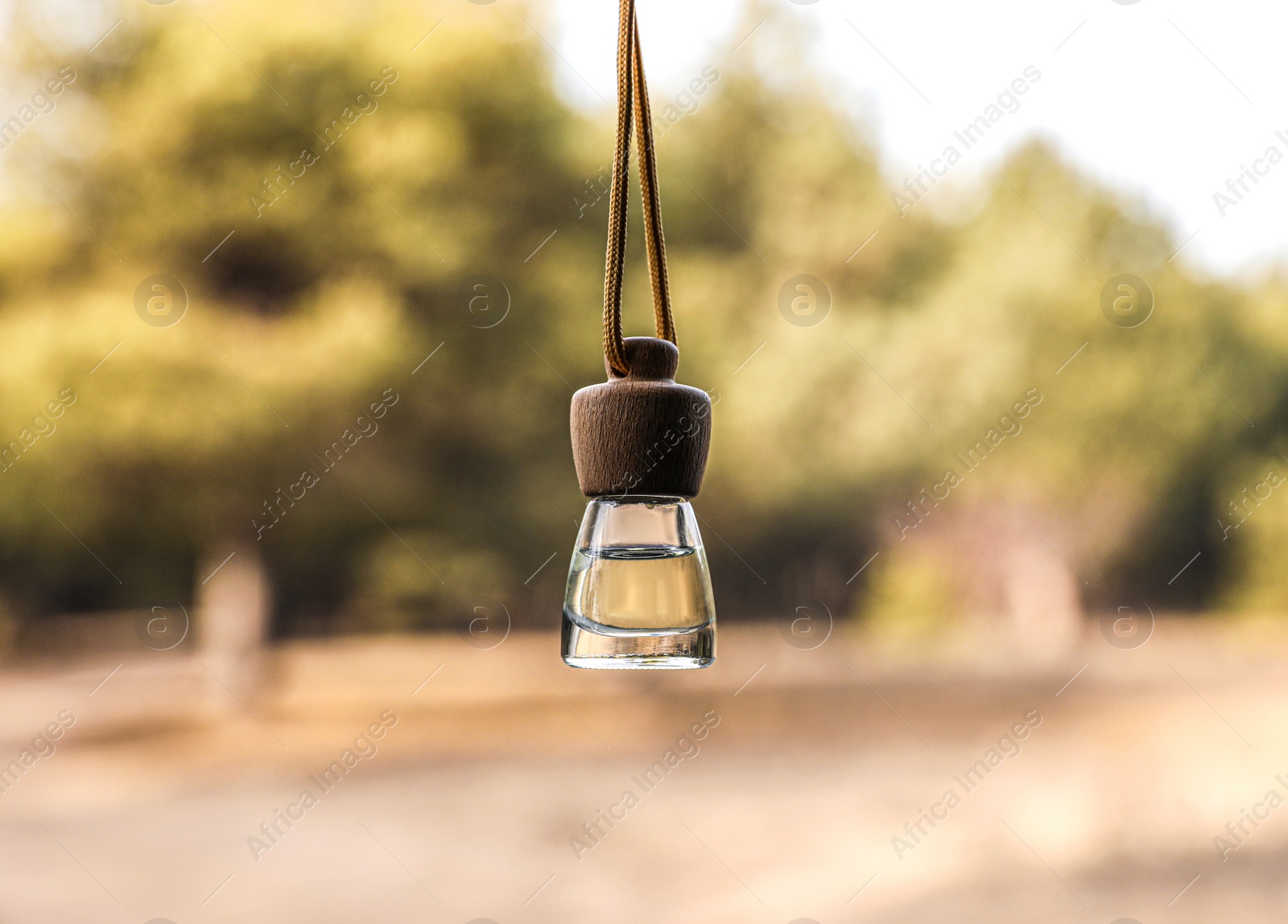 Photo of Car air freshener hanging on blurred view, closeup