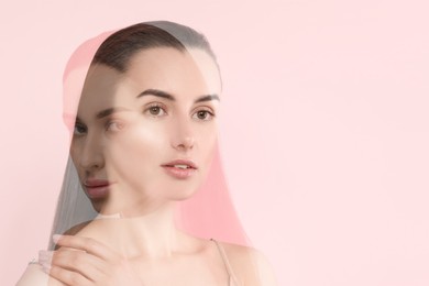 Image of Double exposure of beautiful women on pink background