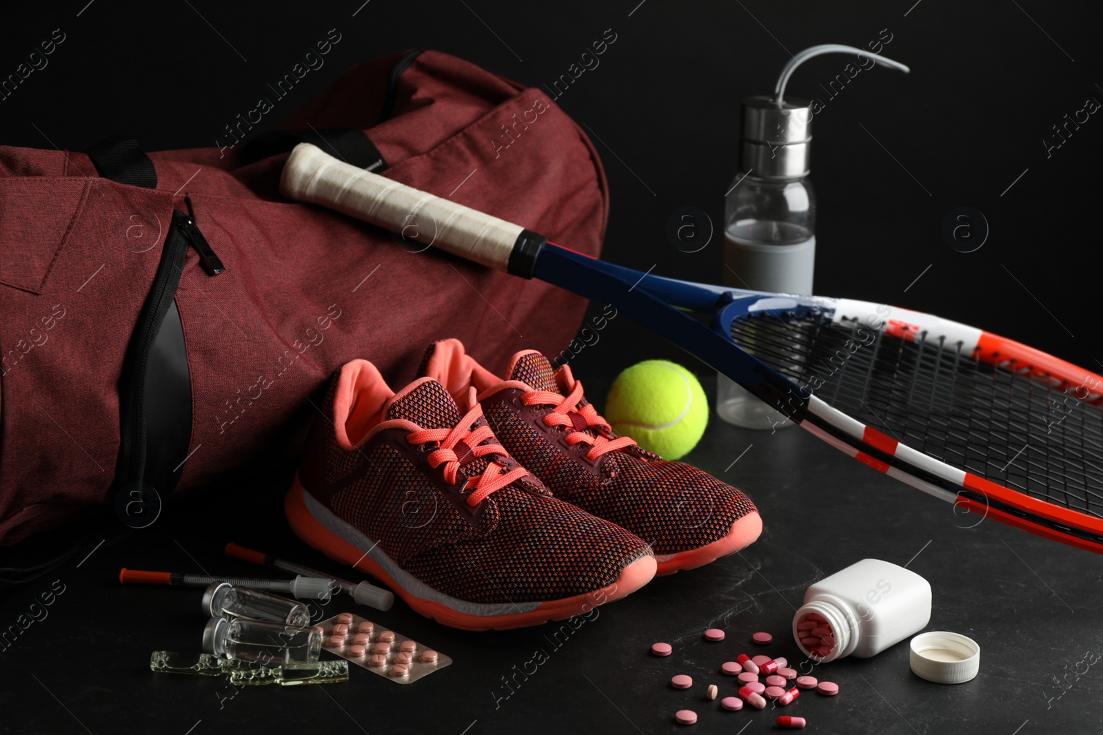 Photo of Composition with drugs on black table. Doping control