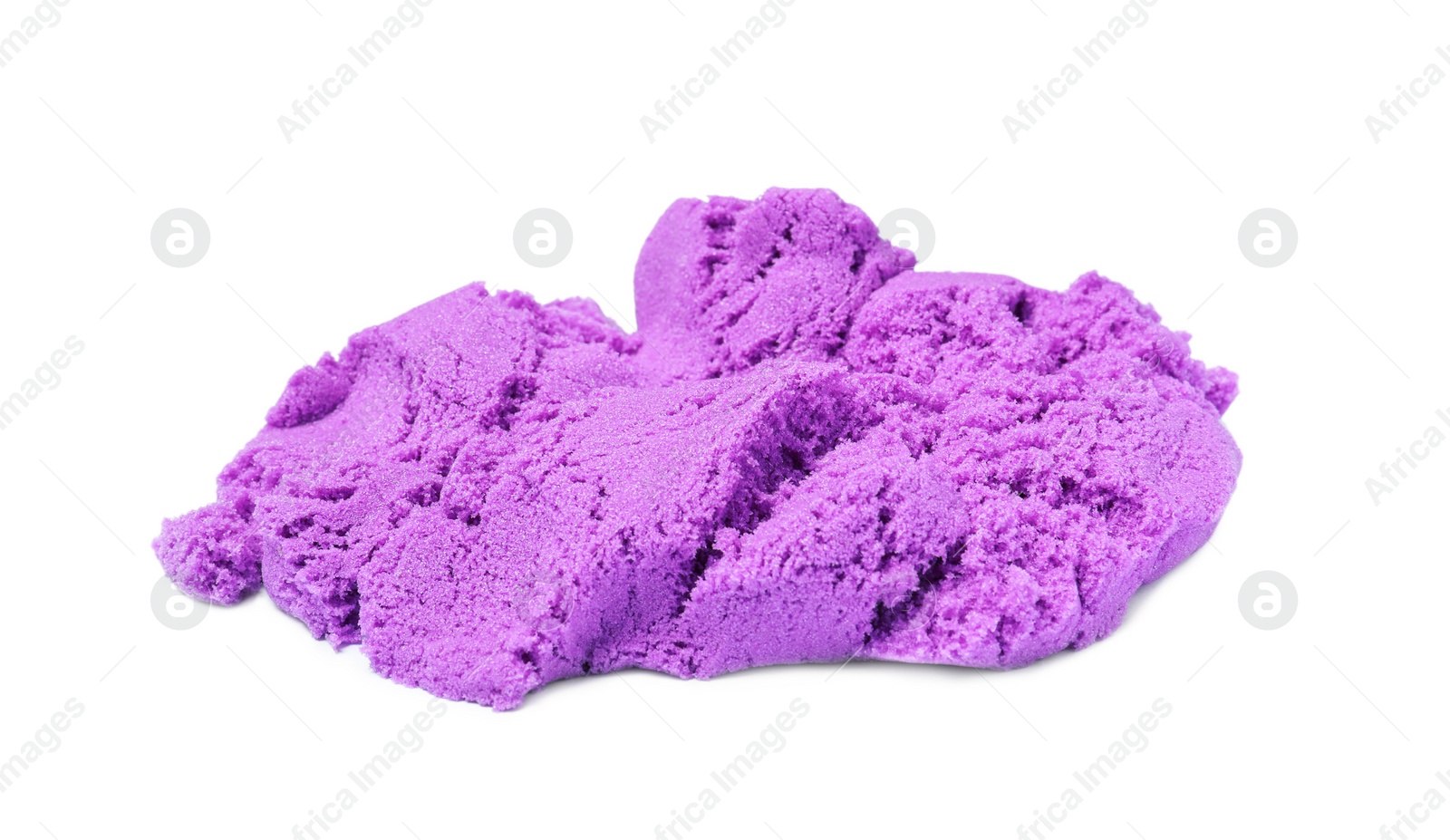 Photo of Pile of violet kinetic sand on white background