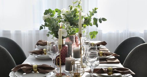 Image of Festive table setting with beautiful decor indoors. Banner design