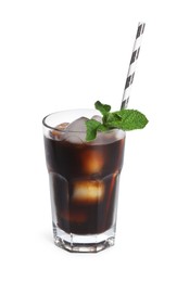 Photo of Refreshing iced coffee in glass with straw and mint leaves isolated on white