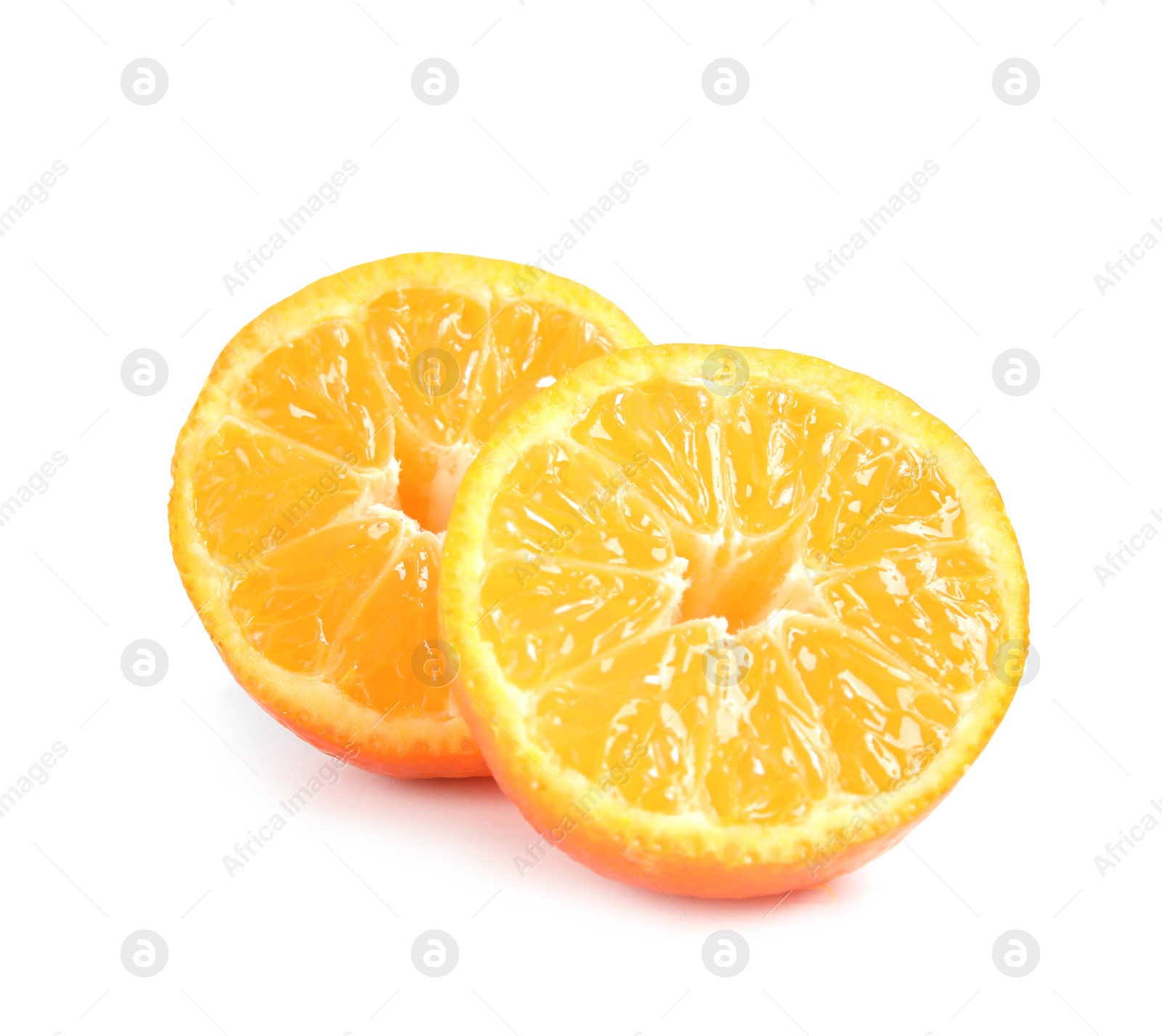 Photo of Cut ripe tangerine on white background. Citrus fruit